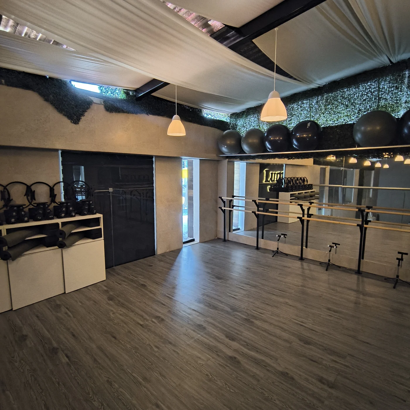 Sala con barras, espejos y accesorios
